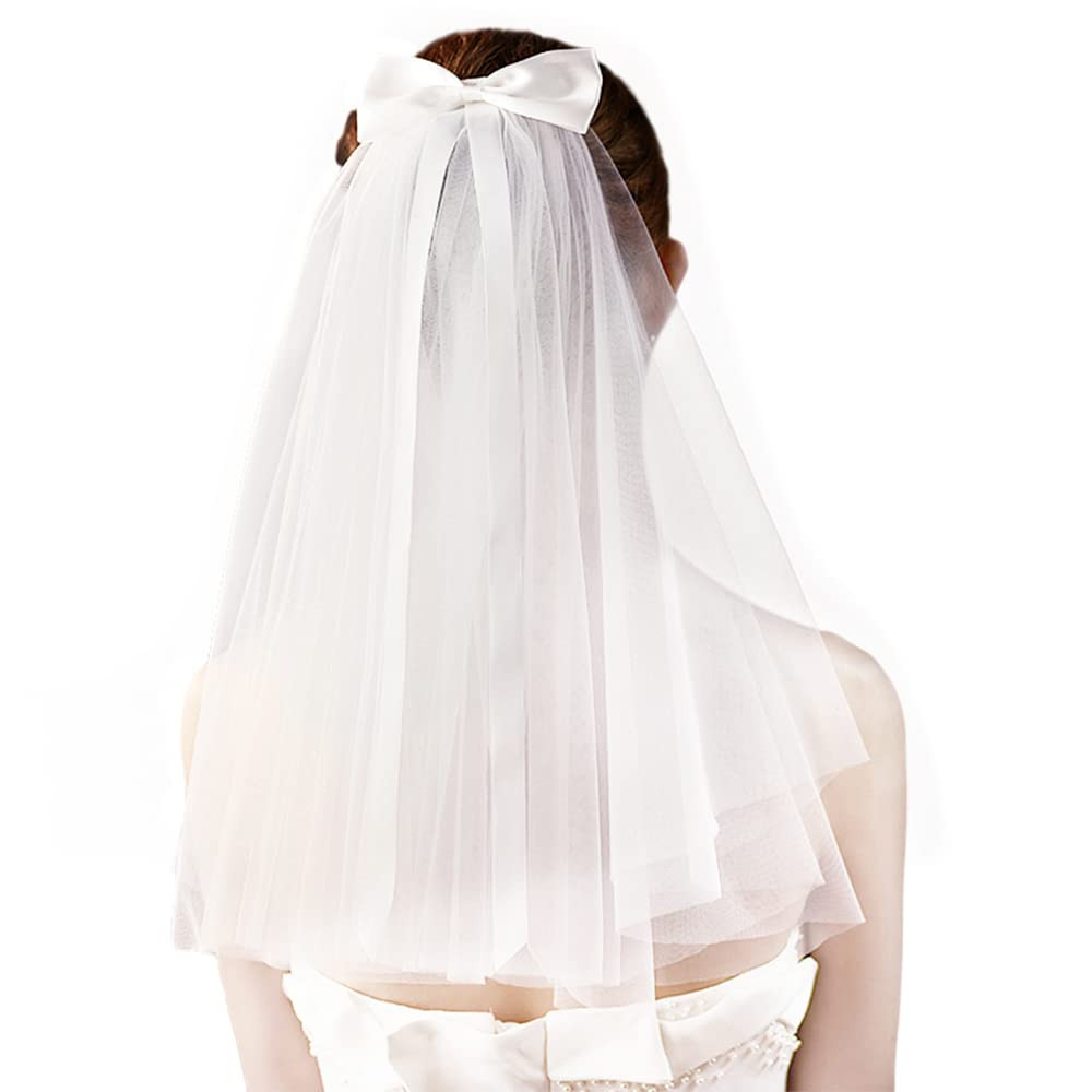 White Bridal Veil Short 2 Tier Veil with Bow Wedding Veils Bachelorette Party Decorations, Bride ... | Amazon (US)