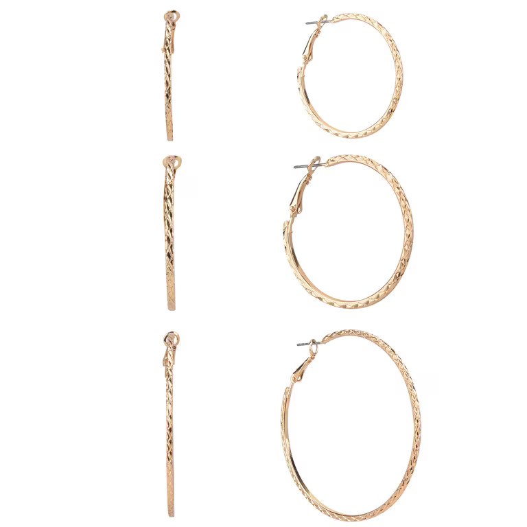 Time and Tru Adult Women's Gold Tone 3 Pair Textured Hoop Metal Earring Set | Walmart (US)