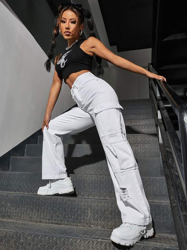 High Waist Western Flap Pocket Ripped Jeans | SHEIN