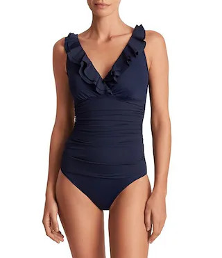 Beach Club Solids Underwire Ruffle Surplice V-Neck One Piece Swimsuit | Dillard's