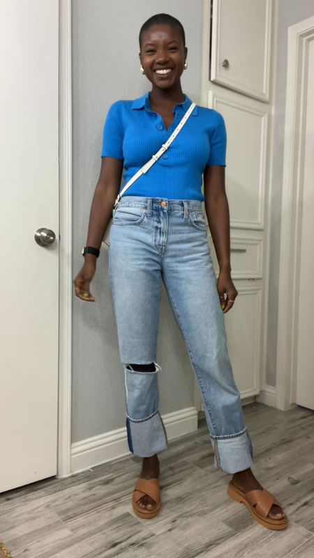 Casual spring outfit of the day! Teal blue ribbed polo shirt, boyfriend jeans with cuff, gold drop earrings, what Ganni white crossbody purse and brown slides with cross strap. 

#LTKshoecrush #LTKunder100 #LTKstyletip