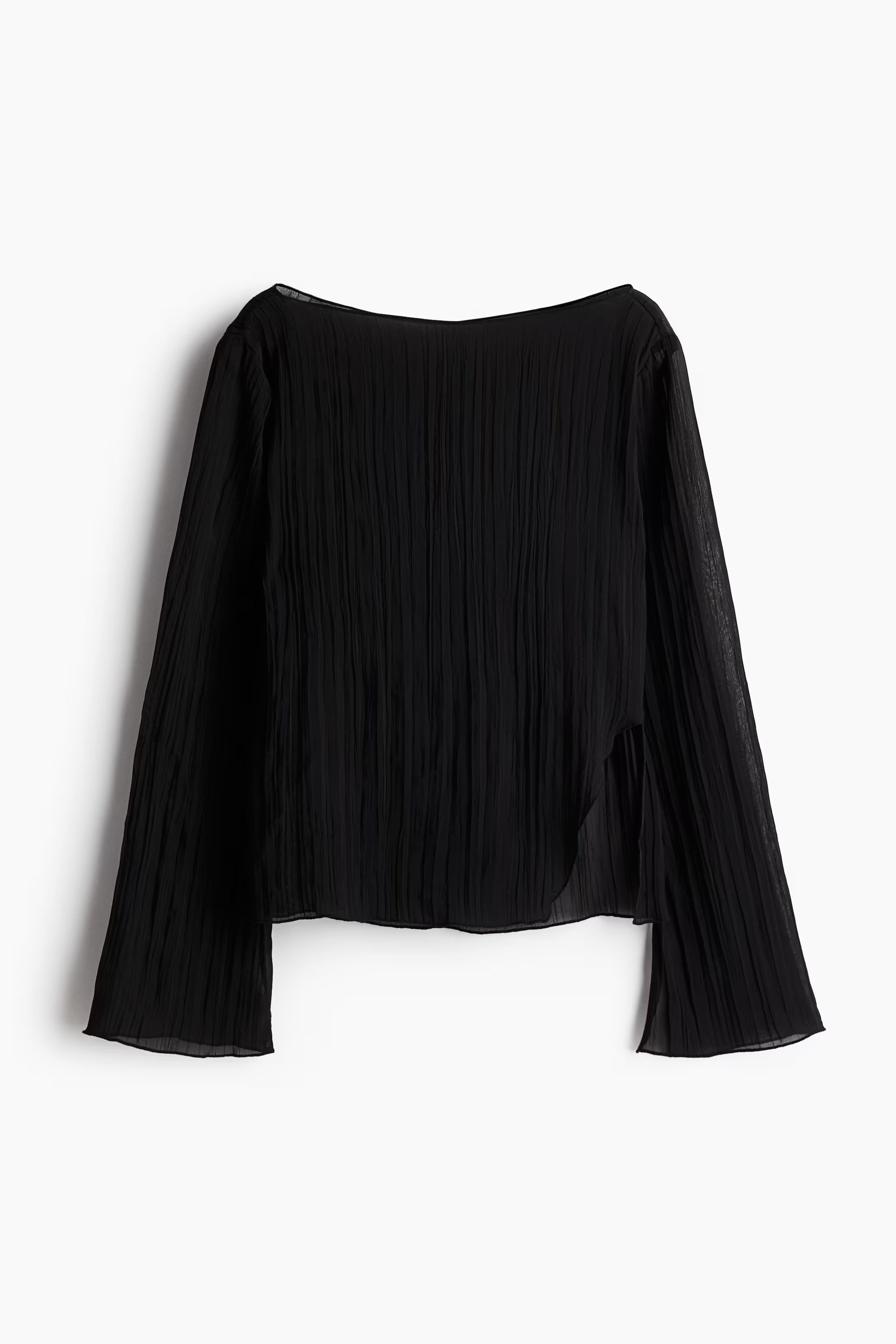 Crinkled Top with Overlocked Trim - Boat Neck - Long sleeve - Black - Ladies | H&M US | H&M (US + CA)