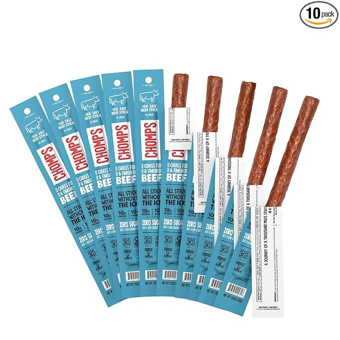 Chomps Grass-Fed and Finished Sea Salt Beef Jerky Snack Sticks 10-Pack - Keto, Paleo, Whole30, 10... | Amazon (US)