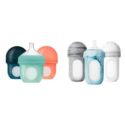 Boon Nursh Reusable Silicone Baby Bottles with Collapsible Pouch - Stage 1 Slow & Stage 2 Medium Flow - Mint & Tie Dye - 3 Count Each | Amazon (US)