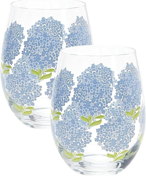 Two's Company Inc. Blue Hydrangea Stemless Wine Glass (16 oz, hand wash recommended) - Glass Set ... | Amazon (US)