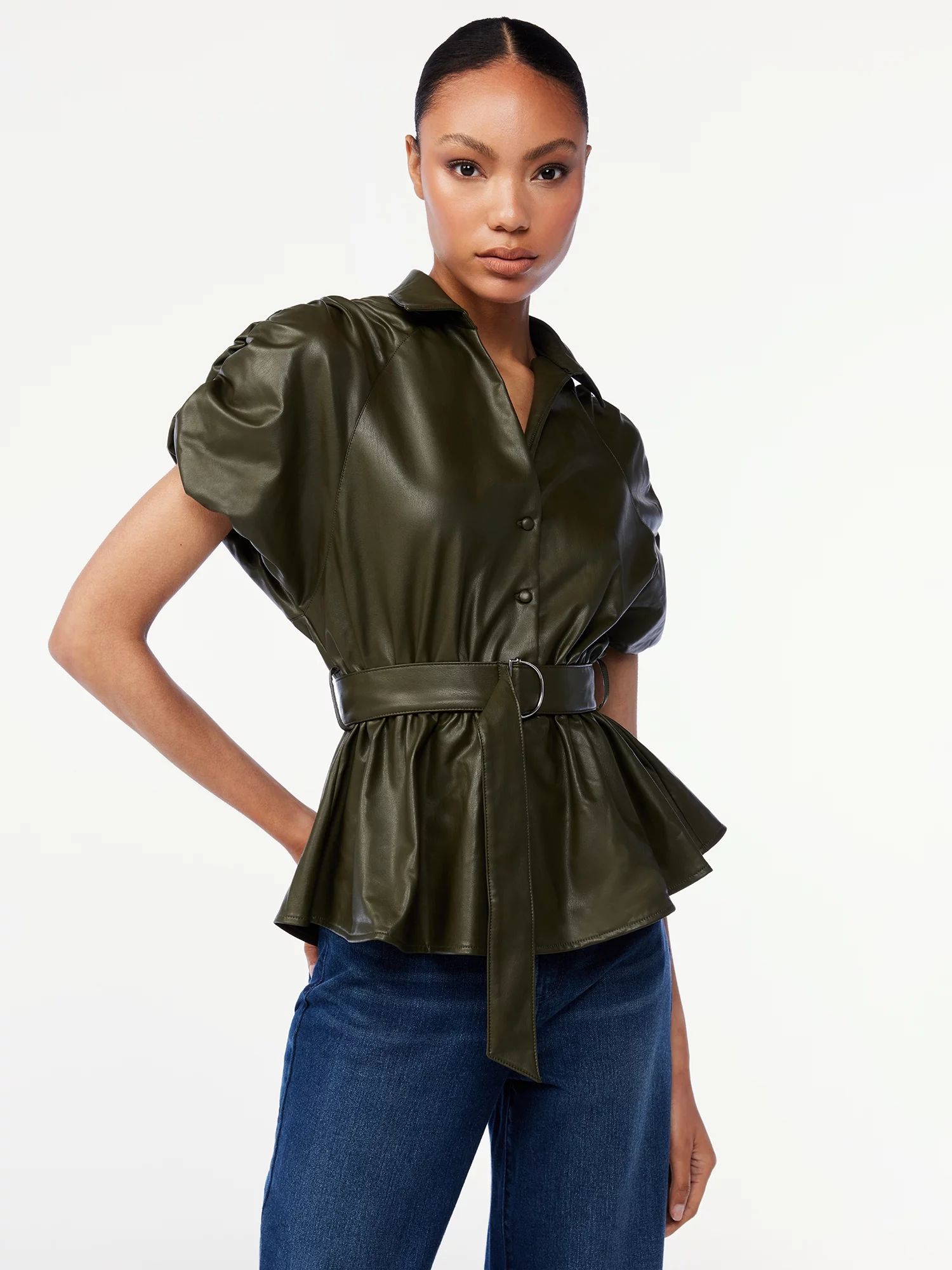 Scoop Women's Faux Leather Belted Peplum Top | Walmart (US)