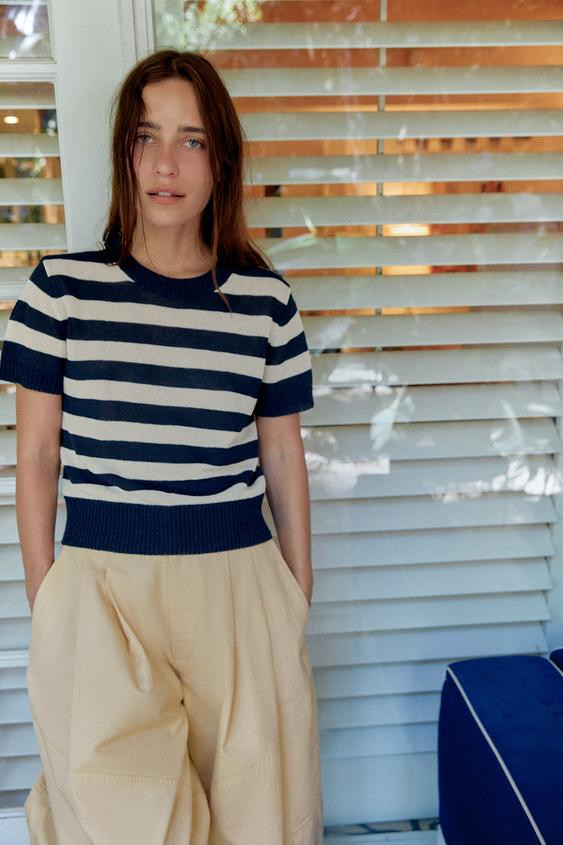 Zara - Short Sleeve Knit Top - Striped - M - Woman | Zara US