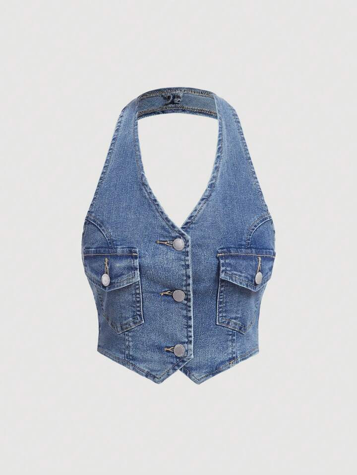 SHEIN MOD Flap Pocket Button Front Halter Neck Backless Denim Top | SHEIN