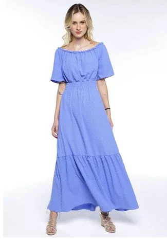 Vestido Longo Ombro a Ombro Com Manga Sob Azul | Dafiti (BR)