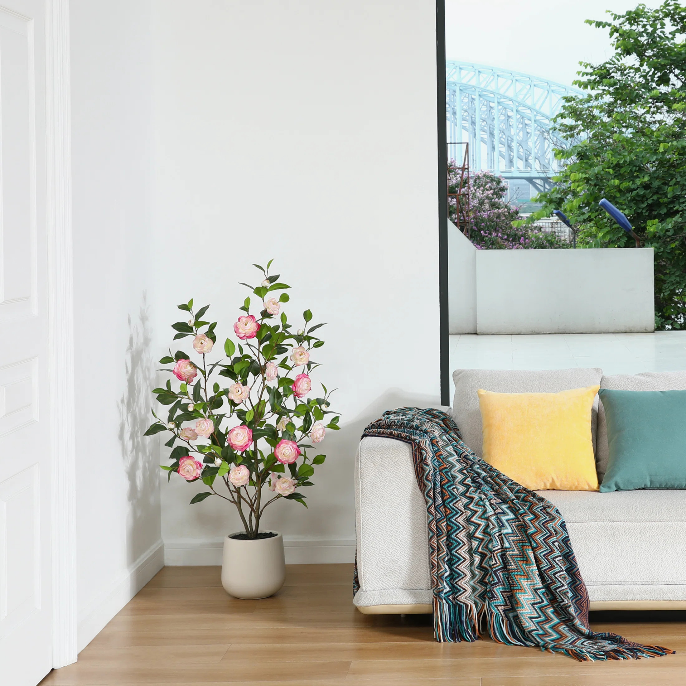 Adcock 4ft Artificial Camellia Tree with 9 inch White Planter, Tall Fake Camellia Trees with Flow... | Joss & Main