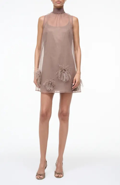 STAUD Albee Feather Puff Sleeveless Minidress in Truffle at Nordstrom, Size Medium | Nordstrom