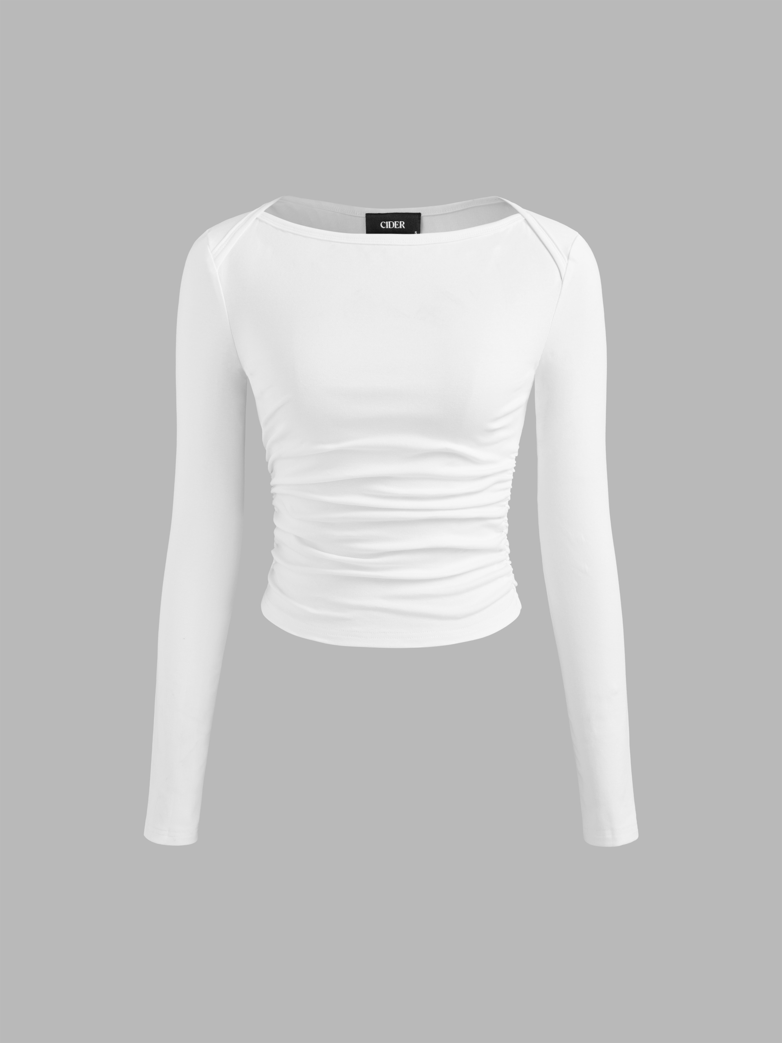Basic & Thermal Knit Fabric Cotton Cotton-blend Boat Neck Solid Ruched Long Sleeve Tee For Daily ... | Cider