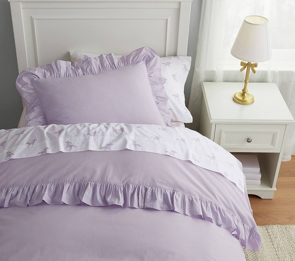 Brandream Kid's Duvet Cover Twin/Twin XL Size 100% Organic Cotton 2pcs Girl Bedding Duvet Cover Shams Set, Delicate Ruffle Fringe Solid Color Soft and Breathable (Purple) | Amazon (US)