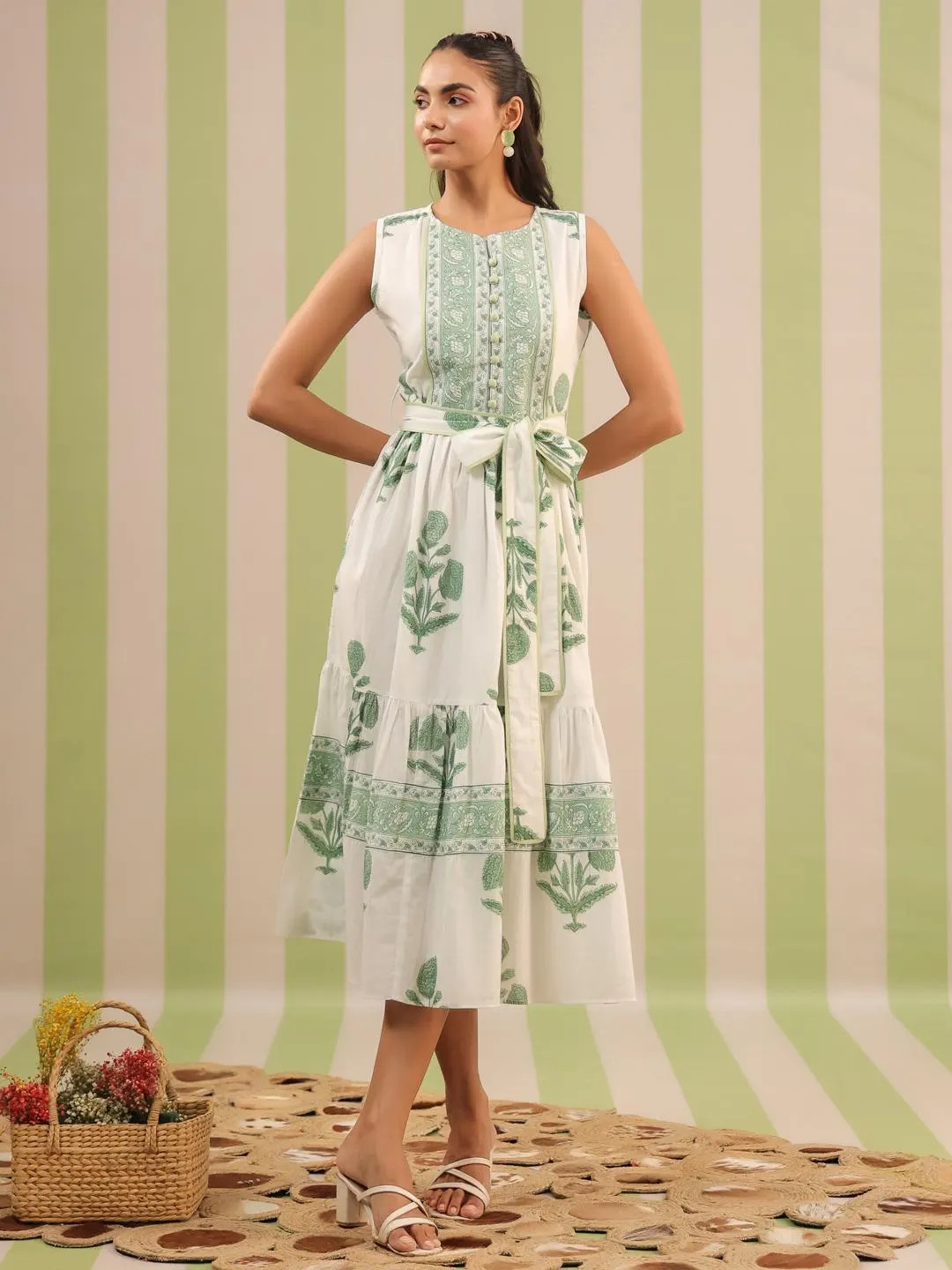 Hand Block Printed Cotton Midi Dress, White Green Floral Summer A-Line, Belted, Pockets | Etsy (US)