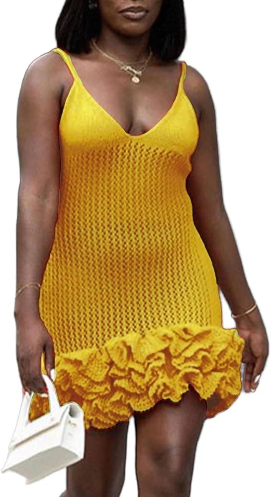 Tcremisa Women's Crochet V Neck Layer Ruffle Hem Sweater Dress Backless Bodycon Short Mini Knit P... | Amazon (US)