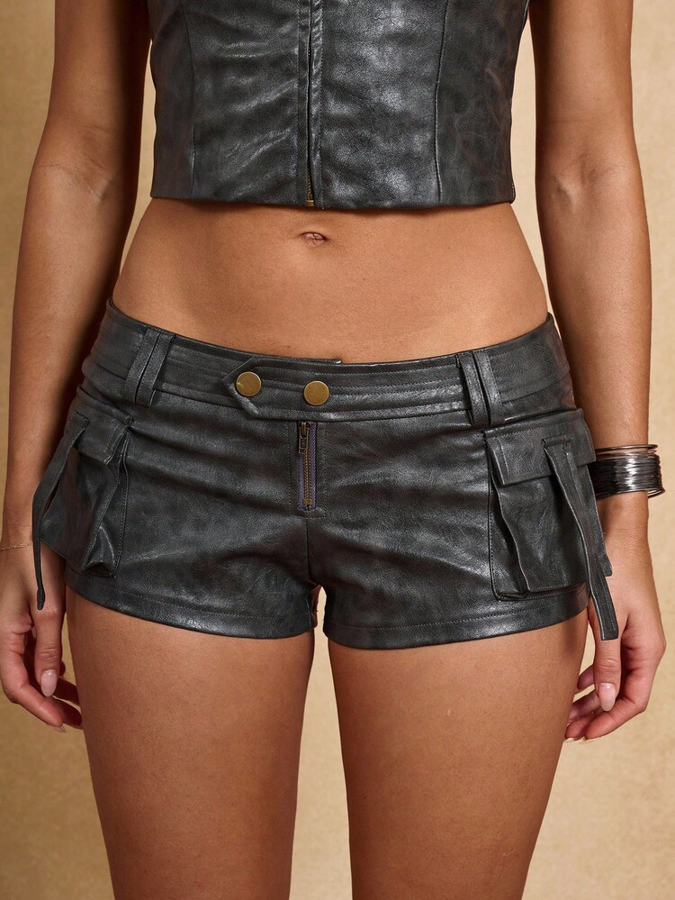SHEIN BAE Women's Dark Green Summer Seductive Night Out PU Shorts,High Street Zipper Waistband Th... | SHEIN