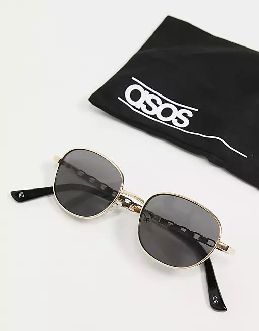 ASOS DESIGN small round sunglasses in gold with chain detail arms in smoke lens | ASOS (Global)