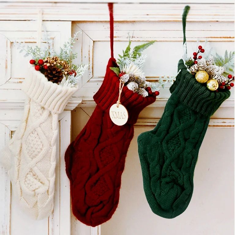 BIGTREE 3 pack Classic Christmas Knit Stockings Mantel Decoration White Red Green | Walmart (US)
