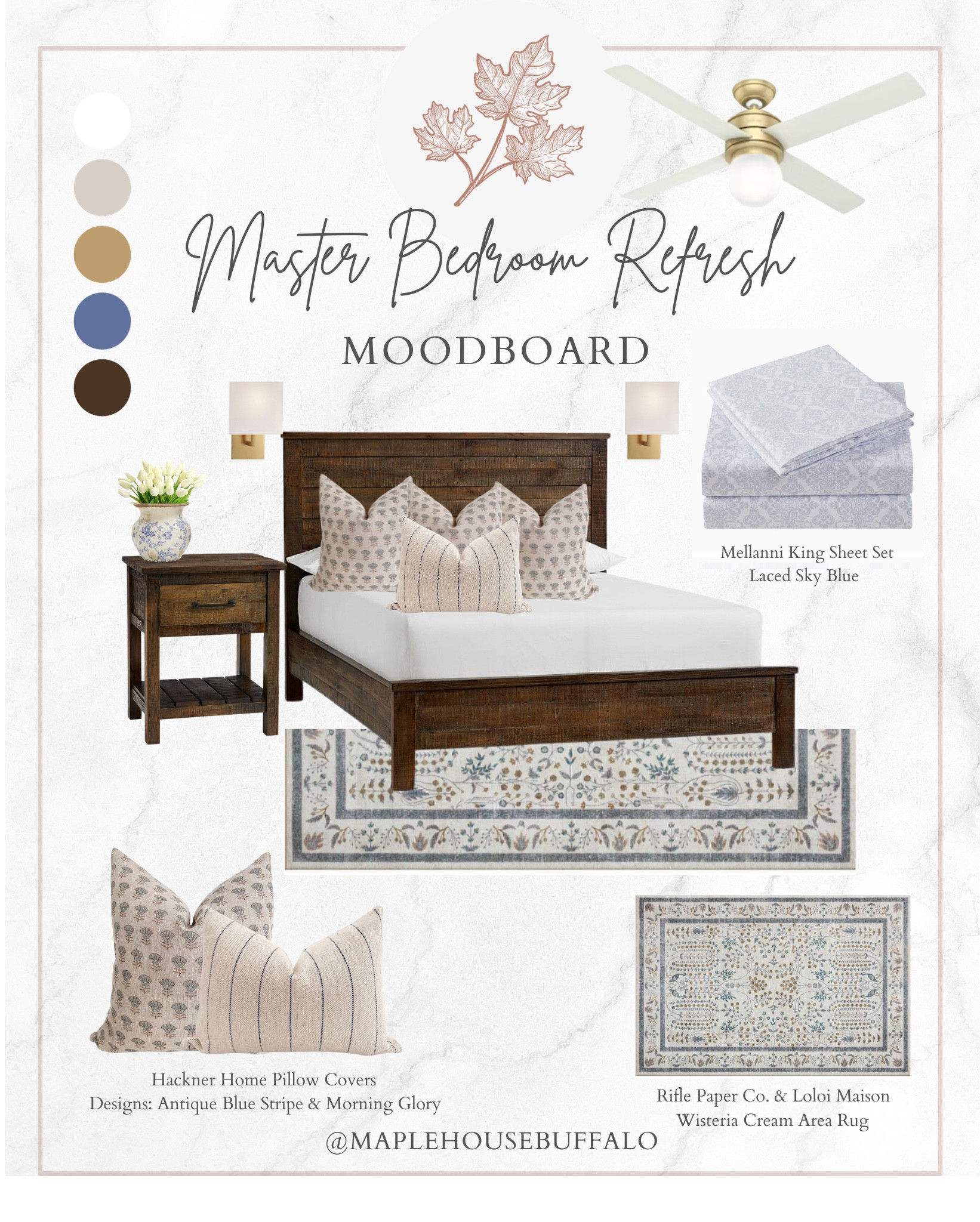 Master bedroom refresh!
I had fun putting together this mood board for our master bedroom! My goal is to incorporate more blue tones to bring in some color.
Here’s what’s new:
•Mellanni sheets in laced sky blue
•Hackner Home handmade pillow covers in morning glory and antique blue stripe
•Rifle Paper Co. & Loloi Maison Wisteria Cream area rug 
•Tuscan blue scroll urn vase
Everything else we already have! 
•Our bedroom set was handcrafted by a small business called Magruder Farmhouse.

#LTKstyletip #LTKhome #LTKfindsunder100