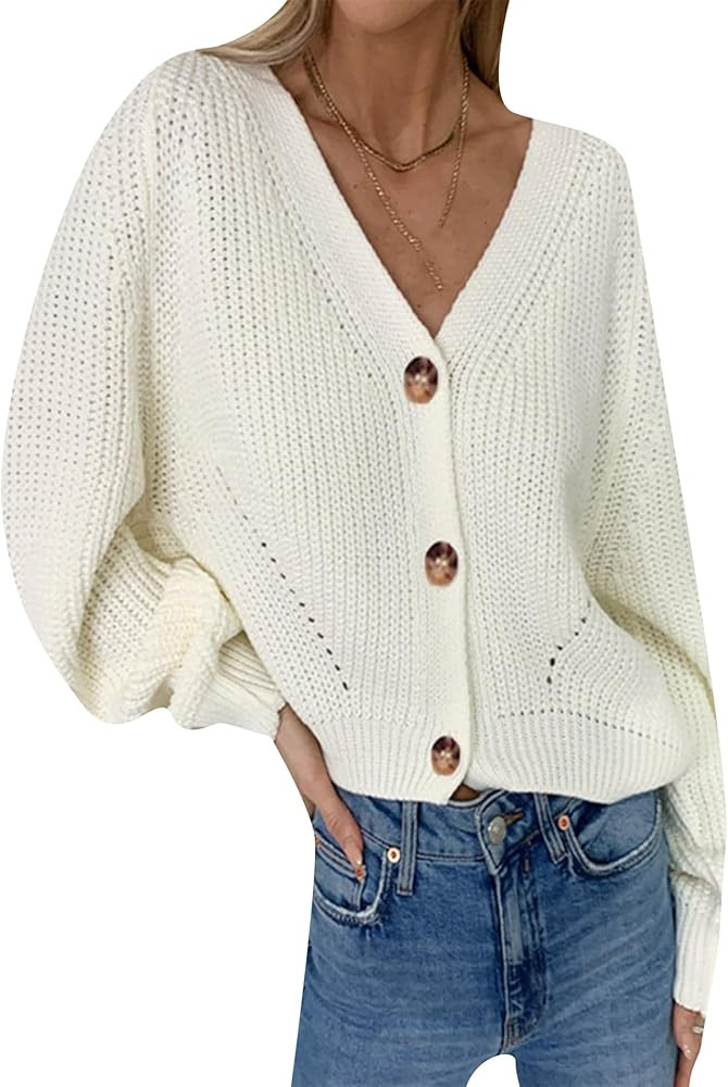 FLITAY Women Autumn Winter Pure Color Cardigan Bishop Sleeve Deep V Neck Coat Double Buttons Knit... | Amazon (US)