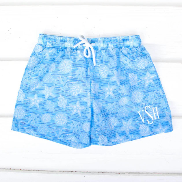 Seaside Seashell Blue Swim Trunks | Classic Whimsy