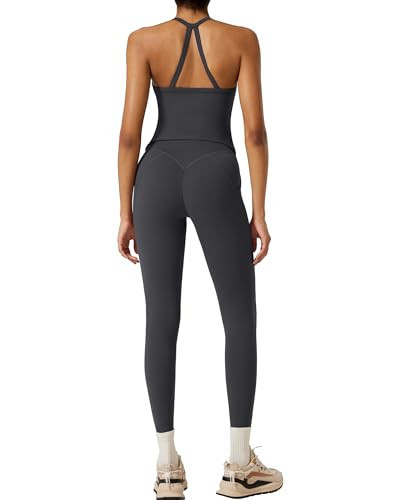 RXRXCOCO Cross Back Workout Sets for Women 2 Piece Padded Tank Tops Hidden Scrunch Leggings Gym Outfits with Pockets Grey Small | Amazon (US)