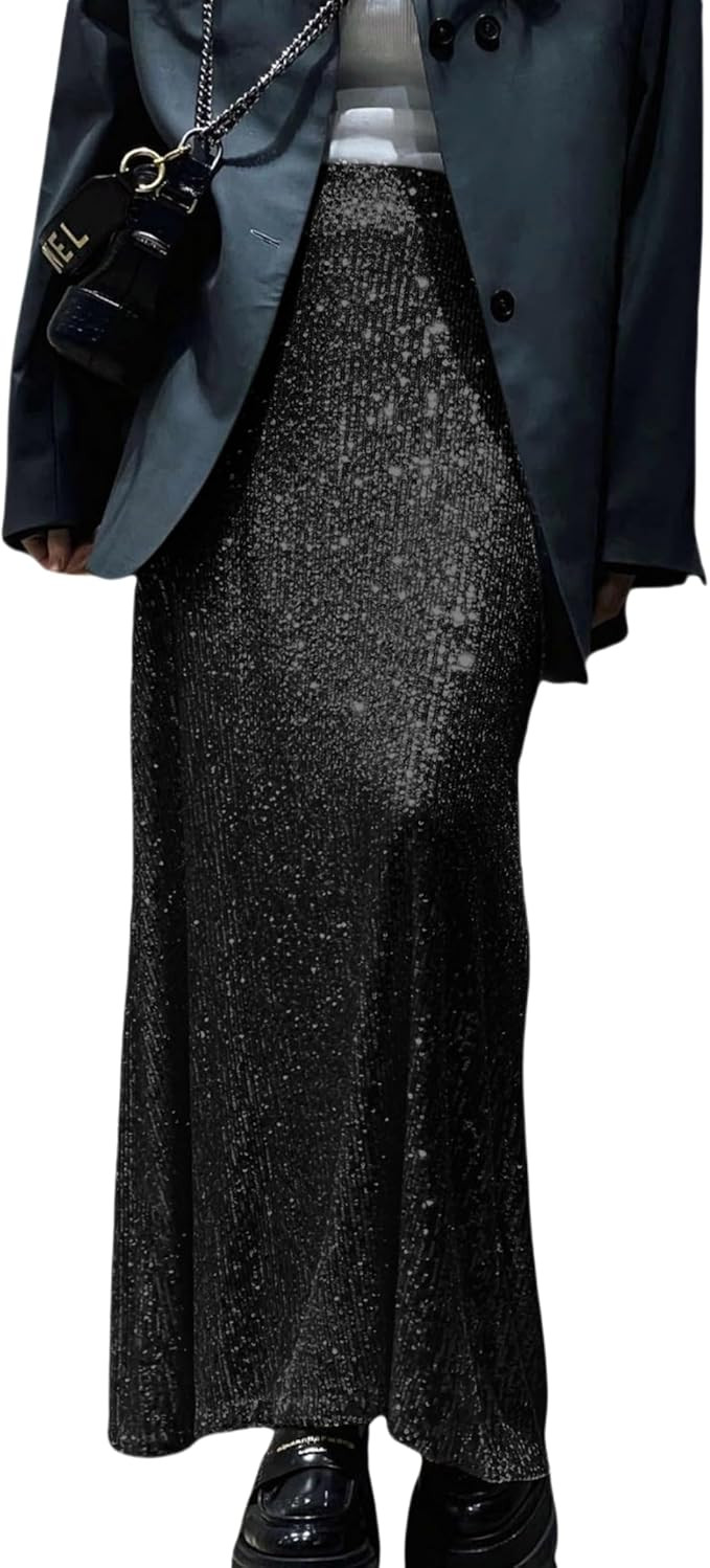 JUMISEE Women’s Silver Sequin Midi Skirt Stretchy High Waist Long Skirt Glitter Pencil Skirt fo... | Amazon (US)