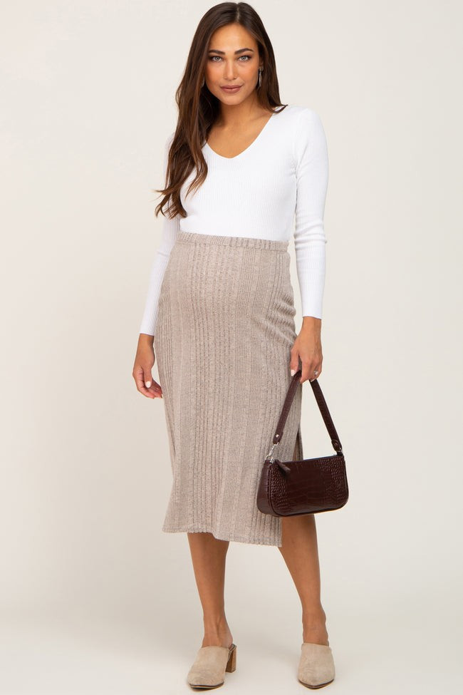 Taupe Soft Knit Ribbed Side Slit Maternity Midi Skirt | PinkBlush Maternity