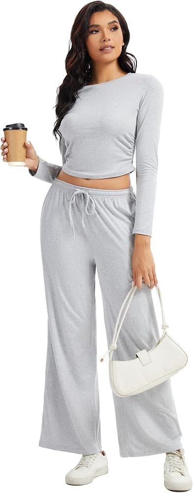 Women's 2 Piece Matching Lounge Set Long Sleeve Slightly Crop Top Wide Leg Pants Casual Sweatsuit | Amazon (US)