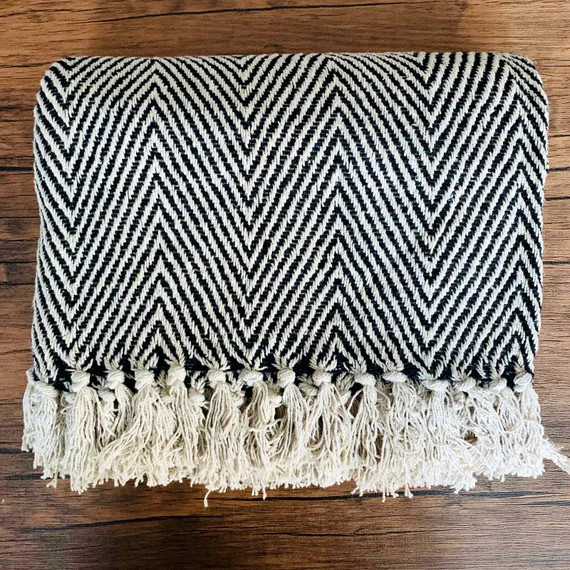 Hand Woven Throw Blanket - Black & White Chevron - MUSCAT | Etsy (US)