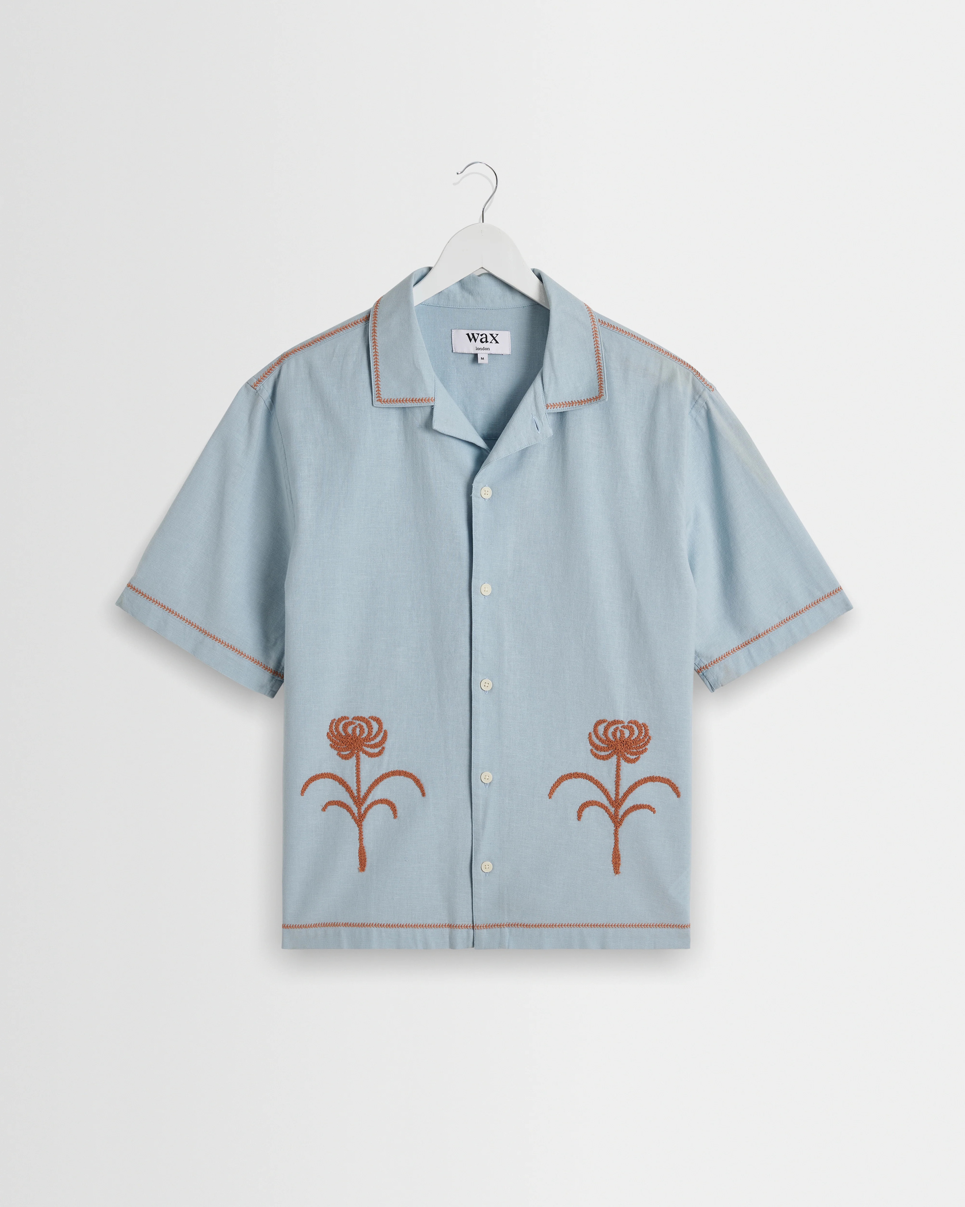 Keats - Light Blue And Rust Embroidered Short-Sleeve Shirt | Wax London US