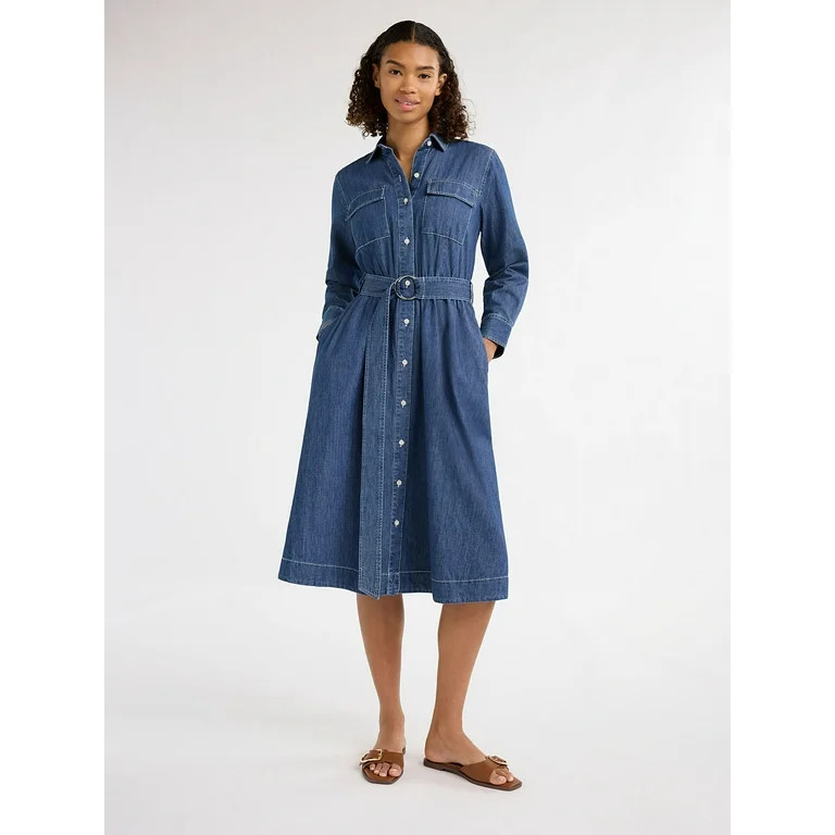 Free Assembly Women's and Women's Plus Belted Denim Midi Shirtdress with Long Sleeves, Sizes XS-4... | Walmart (US)