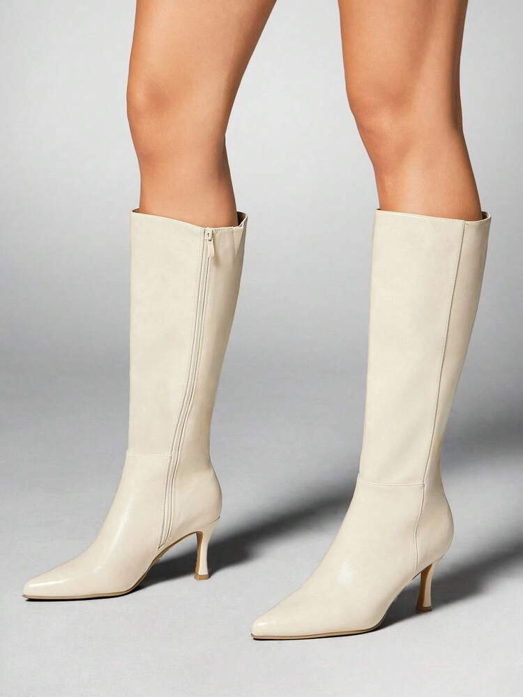 SHUZIA Damen Alltagsgrundlagen Komfortable Reißverschluss-Stiefel Mit Kitten-Absatz Aus Öl-PU Bis Zur Wadenmitte | SHEIN