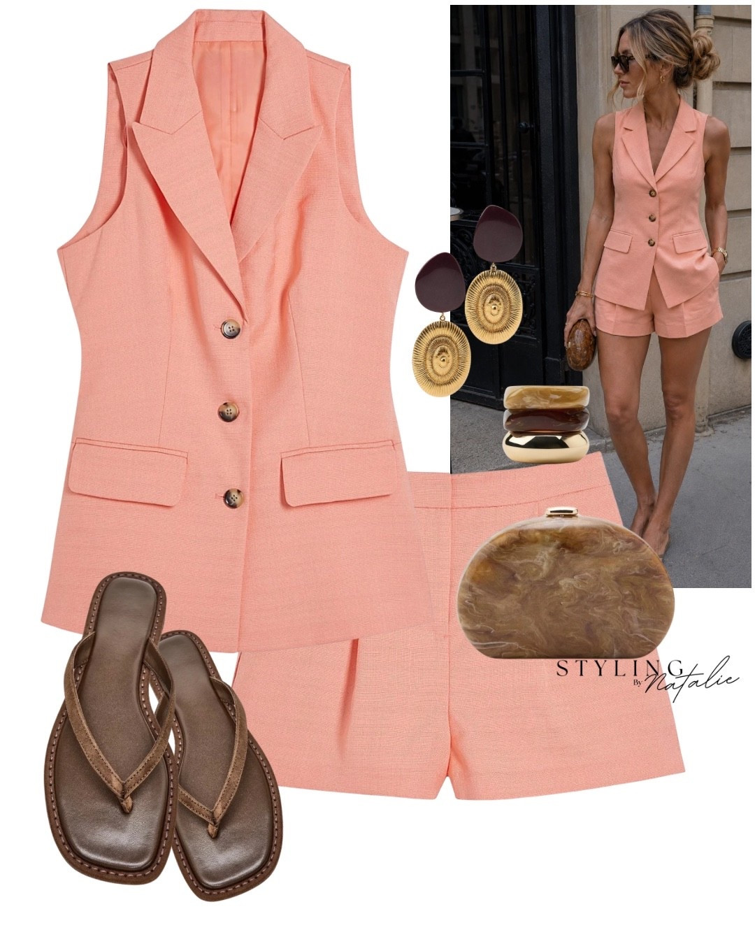 Summer holiday co-ord set 🤎✨
Coral waistcoat and tailored shorts matching set, with pearl clutch, suede thong sandals and statement seashell earrings. 
Summer outfit, date night, evening look, going out outfit

#LTKdatenight #LTKuk #LTKsummer