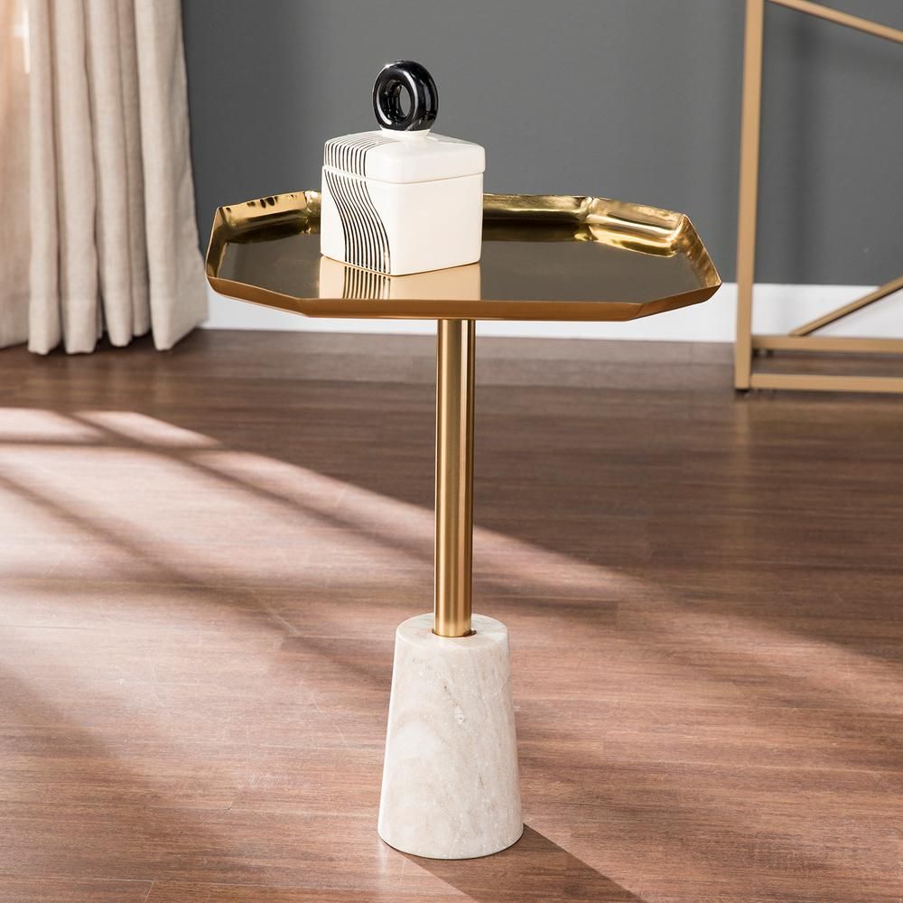 Southern Enterprises Isaiah Gold Marble-Base Accent Table, Gold finish w/ Ambaji Brown marble | The Home Depot