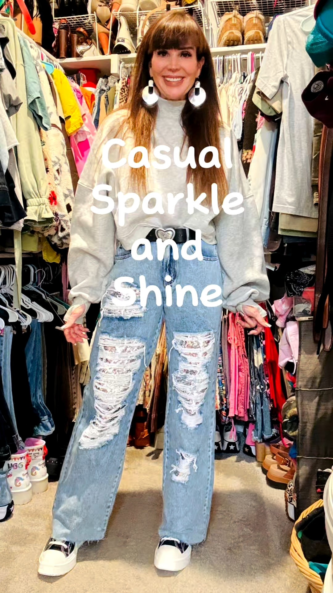 Over 55 sparkle and shine, but comfy, trendy and cute!  I’m obsessed with these By Alexa Rae ripped sequin jeans!  They came cuffed but I love that they can be uncuffed for the tall girls! (Available on my TikTok shop). I added this Blogilates sweatshirt, my wedge converse, Free People heart belt and Twisted Silver earrings that are amazingly lightweight!! 

#LTKActive #LTKTall #LTKOver40
