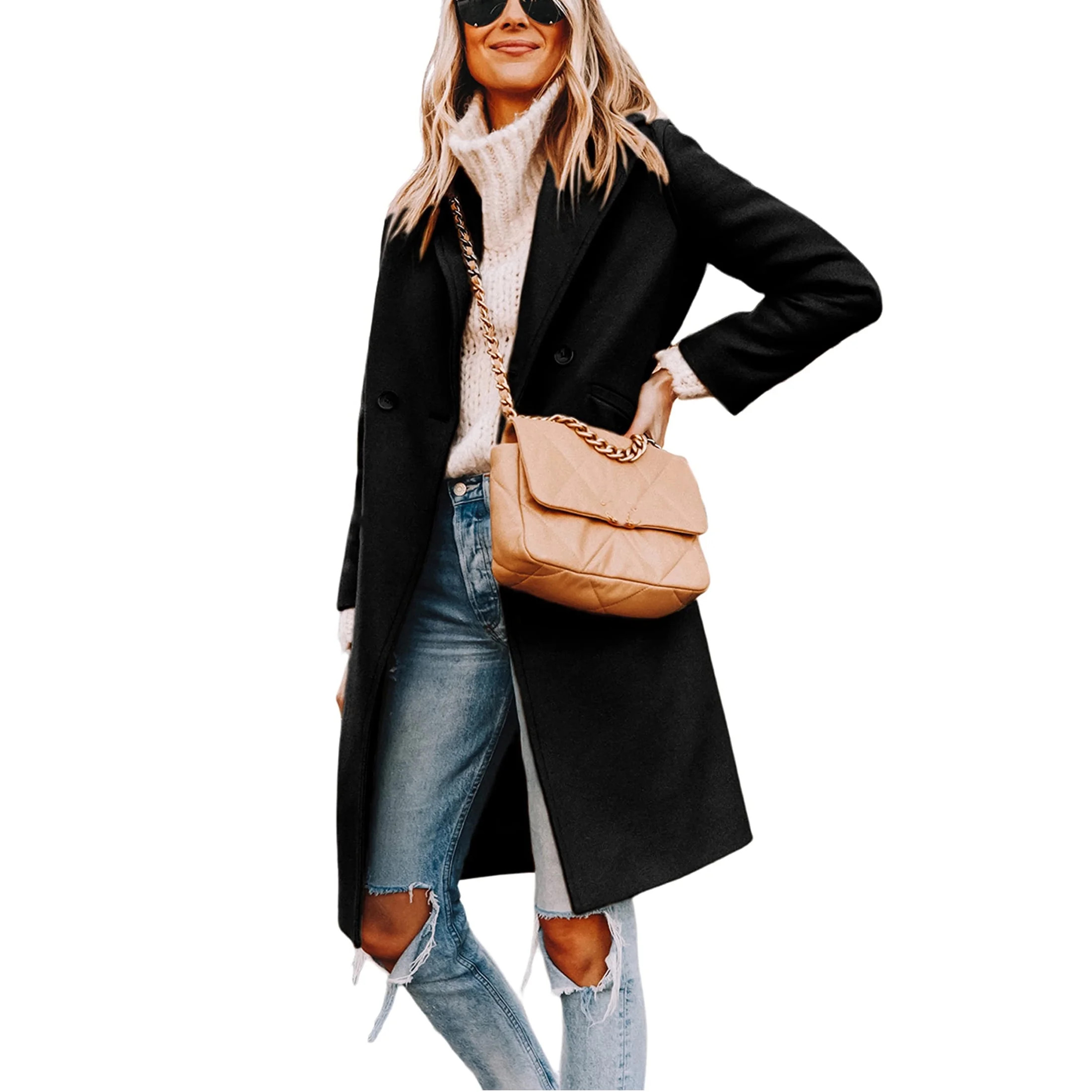 PUWEI Women's Casual Lapel Collar Wool Coat Single-Breasted Peacoat with Pockets | Walmart (US)