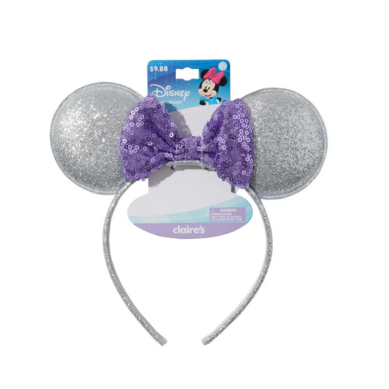 Claire's Disney Classic Silver Sparkle and Purple Sparkle Bow Ears Headband | Walmart (US)