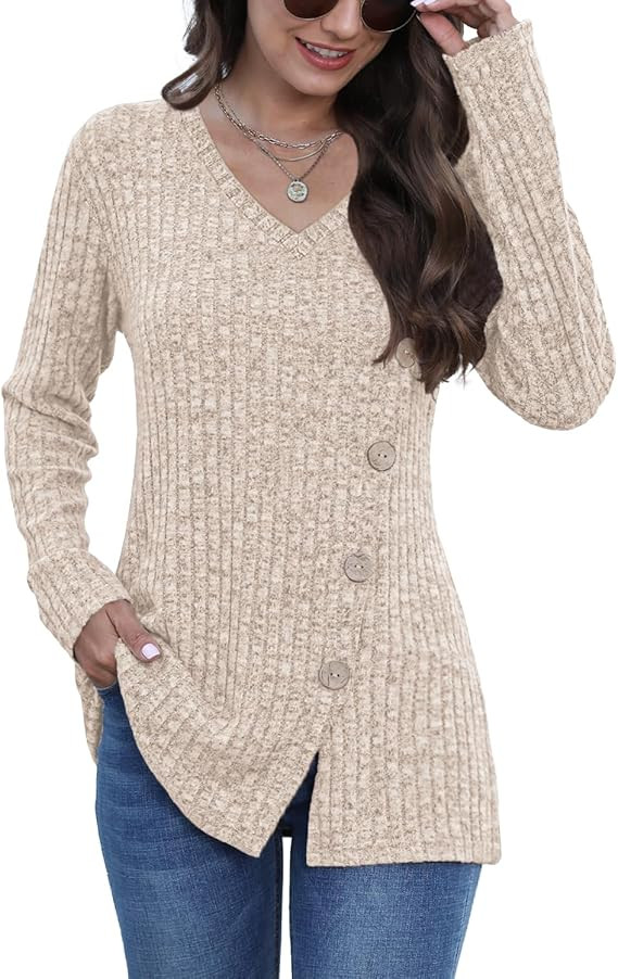 JomeDesign Womens Sweaters Long Sleeve Shirts V Neck Sweatshirt Loose Casual Tunic Tops | Amazon (US)
