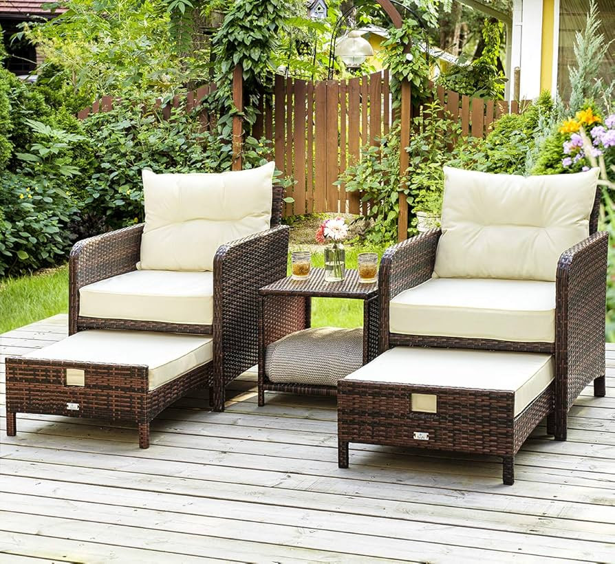 Pamapic 5 Pieces Patio Furniture Set, Rattan Balcony Furniture with Ottomans, PE Wicker Outdoor Patio Chairs Set with Coffee Table for Poolside, Porch, Lawn, Garden, Balcony(Beige) | Amazon (US)