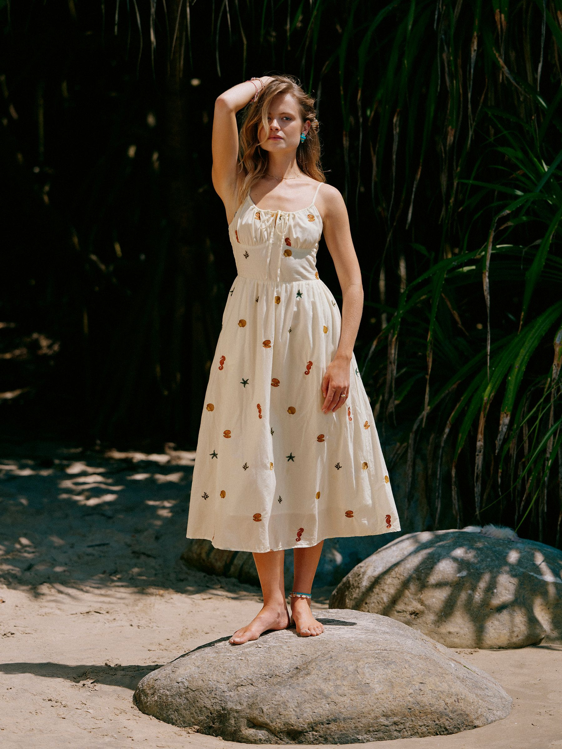 Chloe Cream Sea Embroidered Midi Dress | Joules | Joules