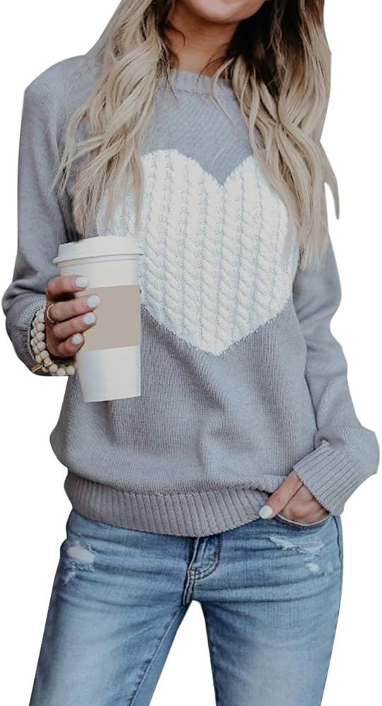 Women Sweaters Heart Front Crew Neck Long Sleeve Knitted Pullover Sweater | Amazon (US)