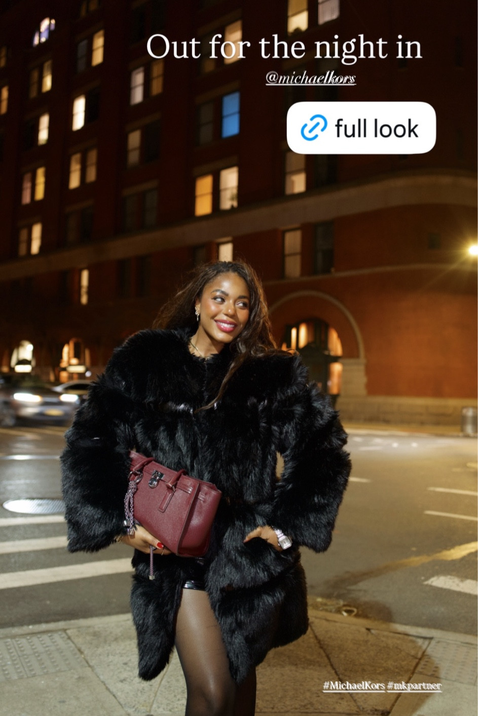 Out for the night wearing the cutest holiday outfit idea from Michael Kors! Styling a black faux fur coat with a mesh top, leather skirt, tights and burgundy handbag! Obsessed with this outfit for Christmas or NYE party! … 

For more links to christmas tree decor, vanity finds, hostess gifts, winter outfit ideas, follow me on LTK! ✨

#LTKHoliday #LTKgrwm #LTKootd