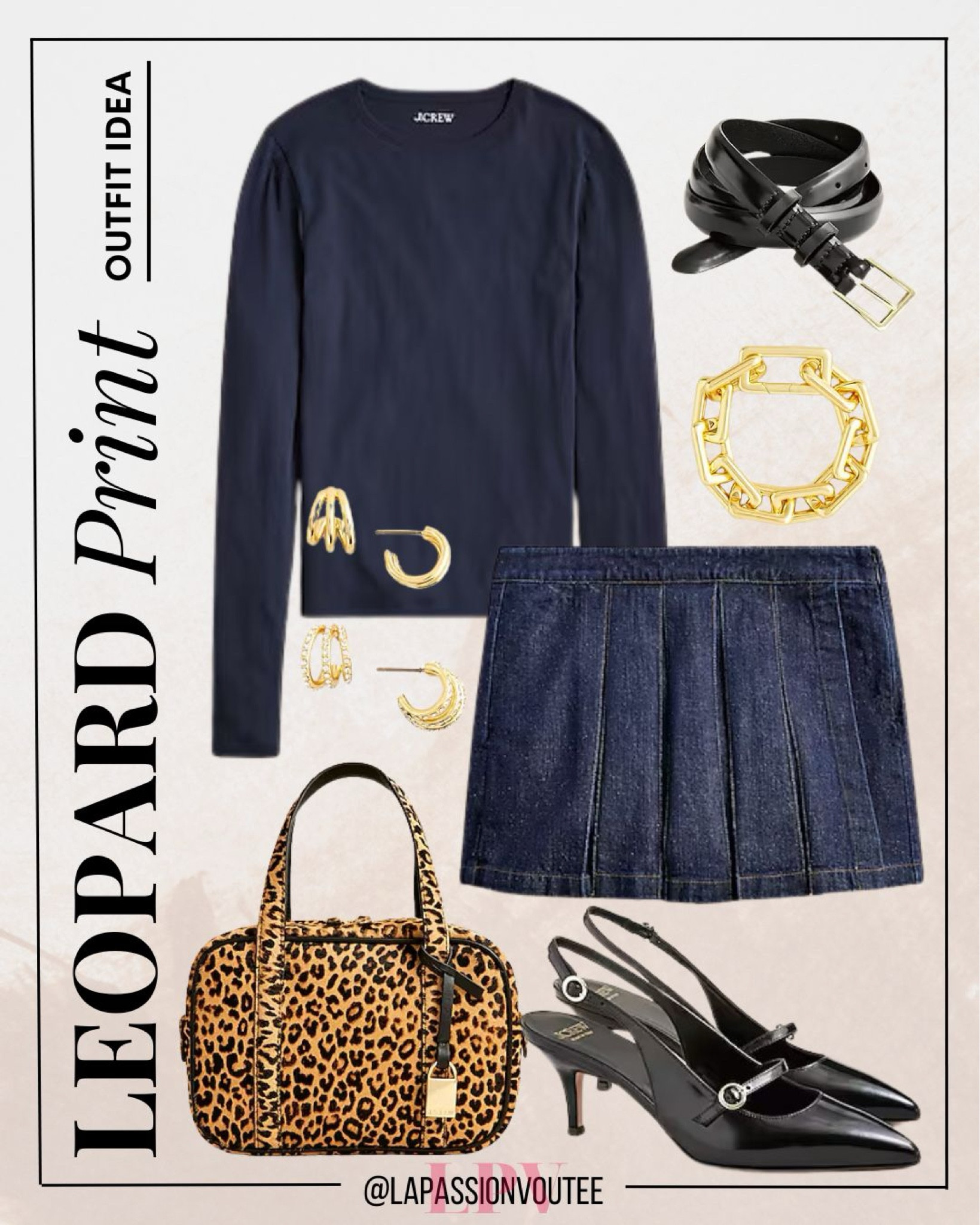 A long sleeve t-shirt and denim mini skort create a casual-chic foundation, accented with small huggie hoop earrings and a skinny belt. Add a leopard print bowler bag, square-link bracelet, and buckle slingback pumps for a polished yet laid-back vibe!

#LTKStyleTip #LTKFallSale #LTKSeasonal