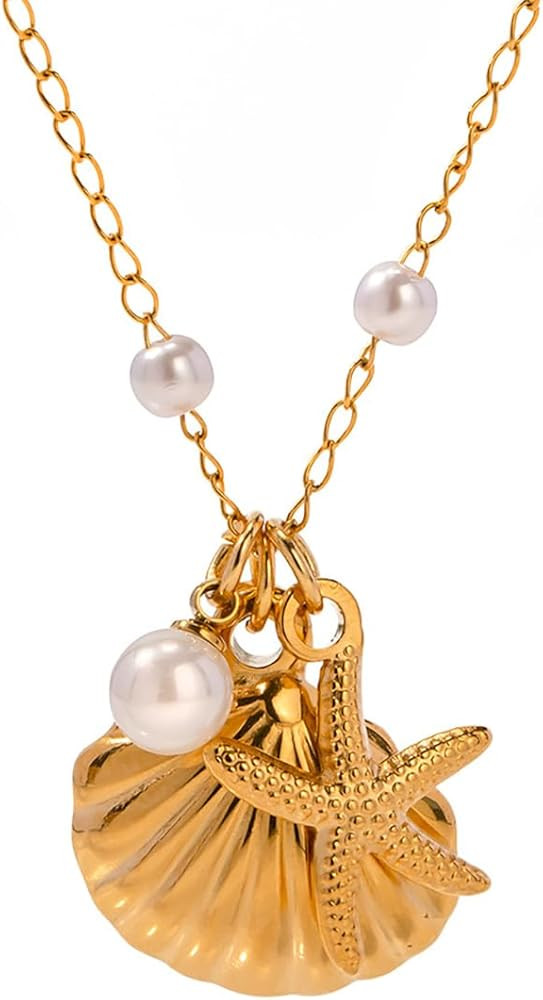 Seashell Starfish Pearl Pendant Necklace for Women Girls, 18K Gold Plated Beachy Charm Pendant Ne... | Amazon (US)
