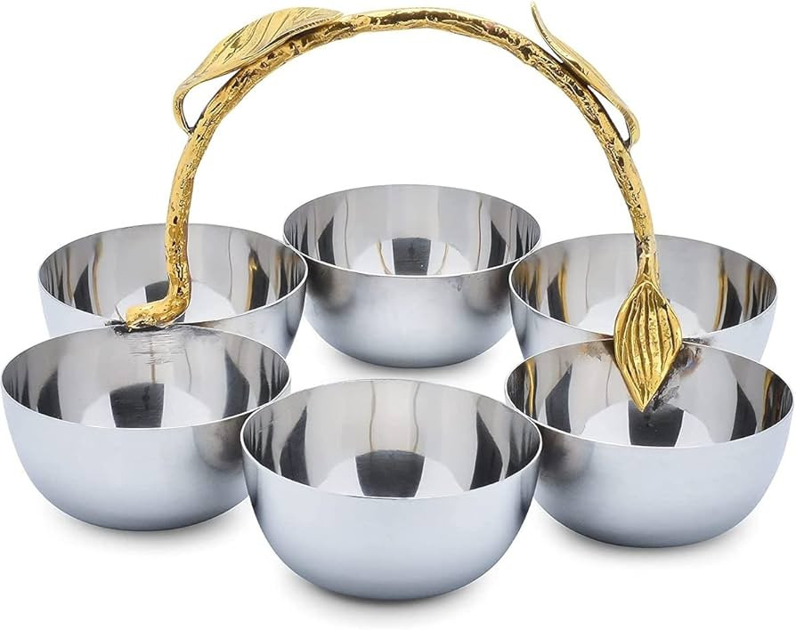 Unknown1 Shiny Polished Stainless Steel Six Sectional Serving Bowl With Gold Leaf Handle Silver M... | Amazon (US)