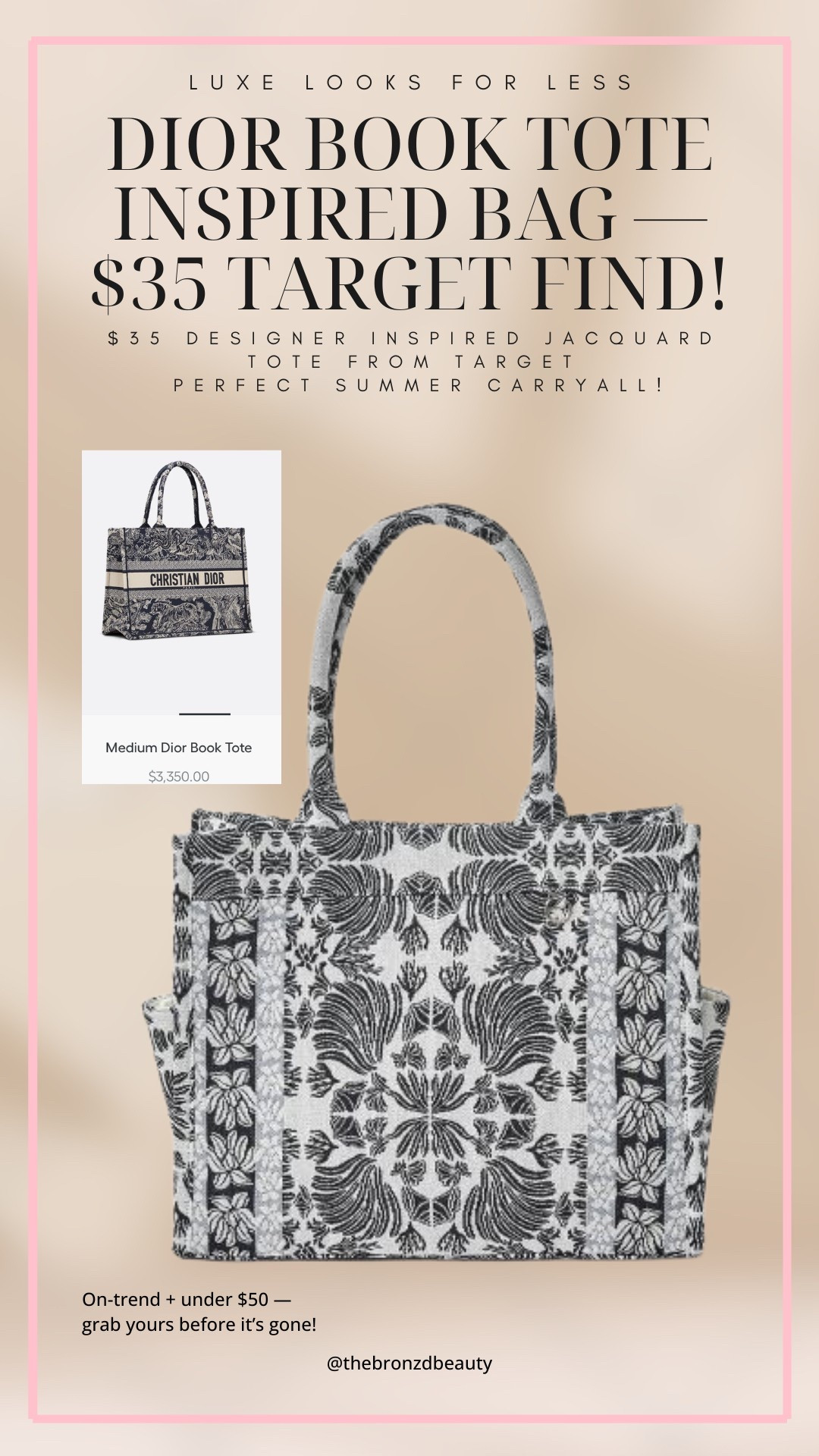 Major designer look for less ✨ This $35 jacquard tote from Target is giving all the Dior Book Tote vibes — perfect for summer errands, beach days, or your everyday soft life fits 👜 Save & shop below before it sells out! #TargetFind #DesignerInspired

#LTKItBag #LTKFindsUnder50 #LTKWorkwear