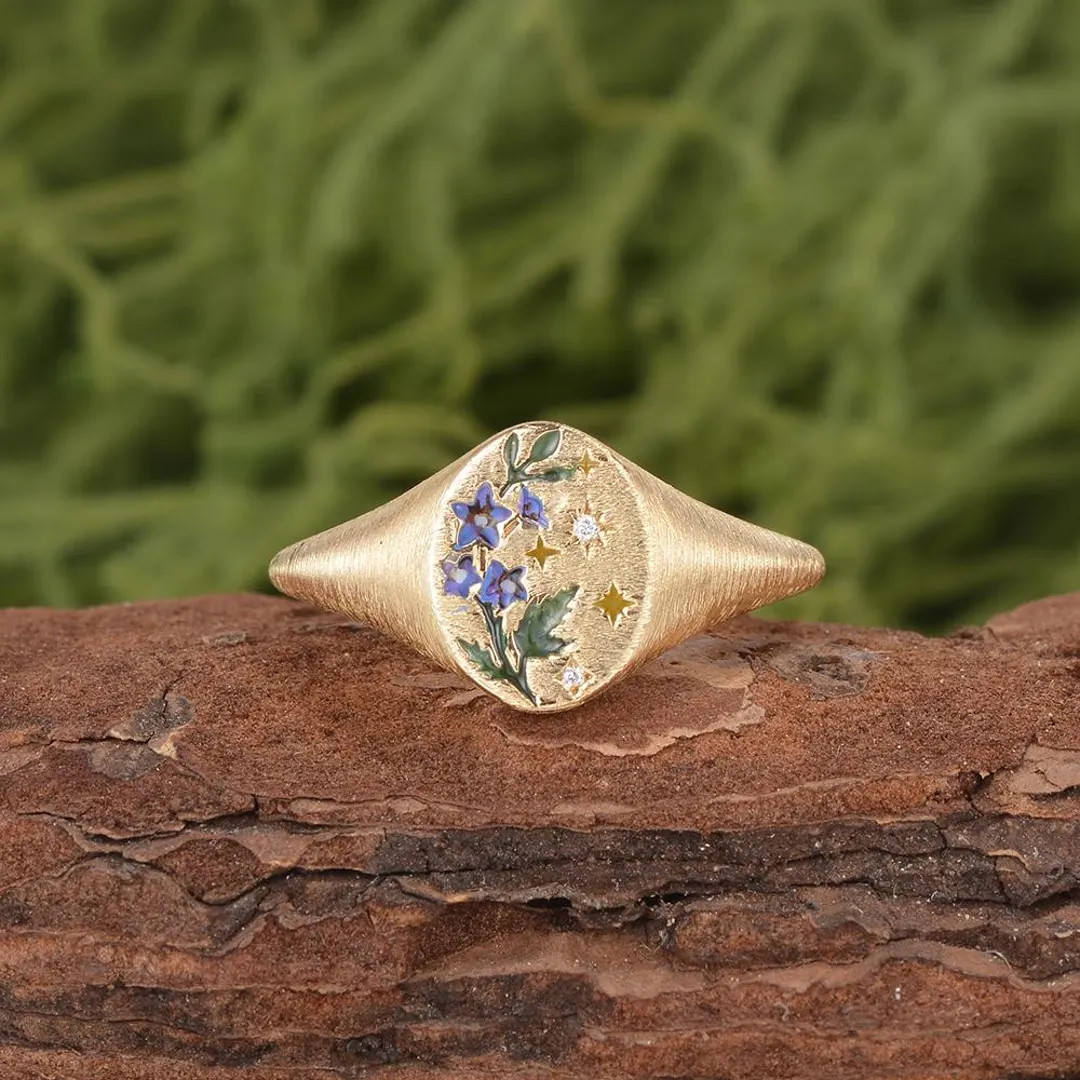 Birth Flower Enamel Ring Natural Inspired Statement Ring Yellow Gold Custom Signet Ring   Handmad... | Etsy (US)