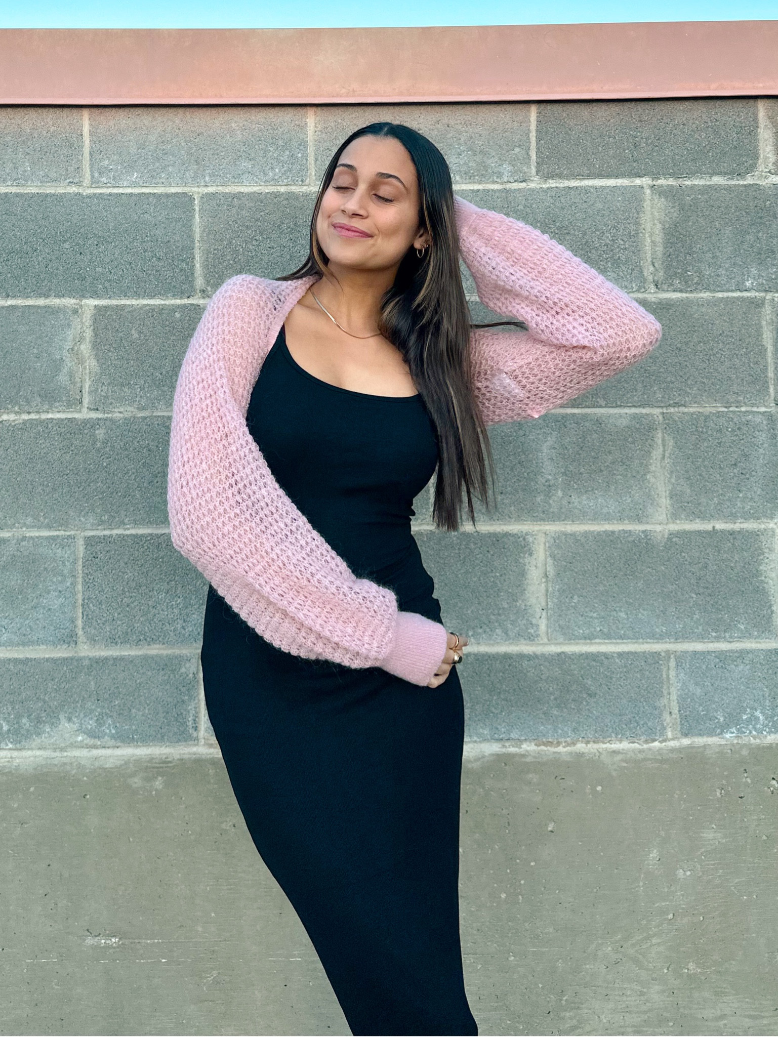 Black dress, skims dupe, bodycon dress, black slip, pink sweater