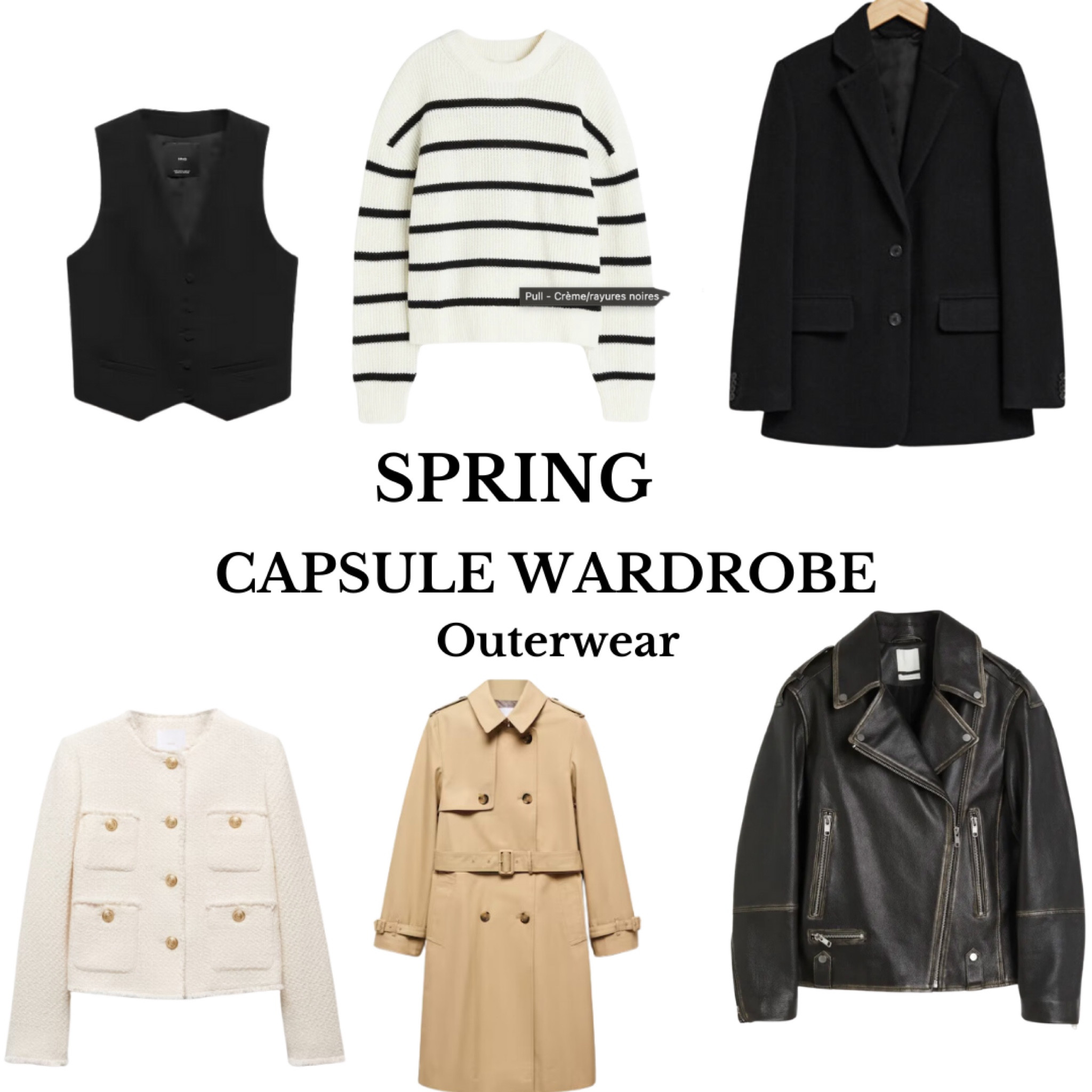 Spring Capsule wardrobe pieces: Blazer, waist coat,trench coat,lady jacket, leather jacket, striped sweater 

#LTKSeasonal #LTKU #LTKstyletip